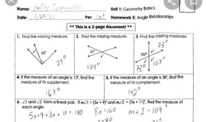 Quiz 1-3 angle measures and relationships answer key